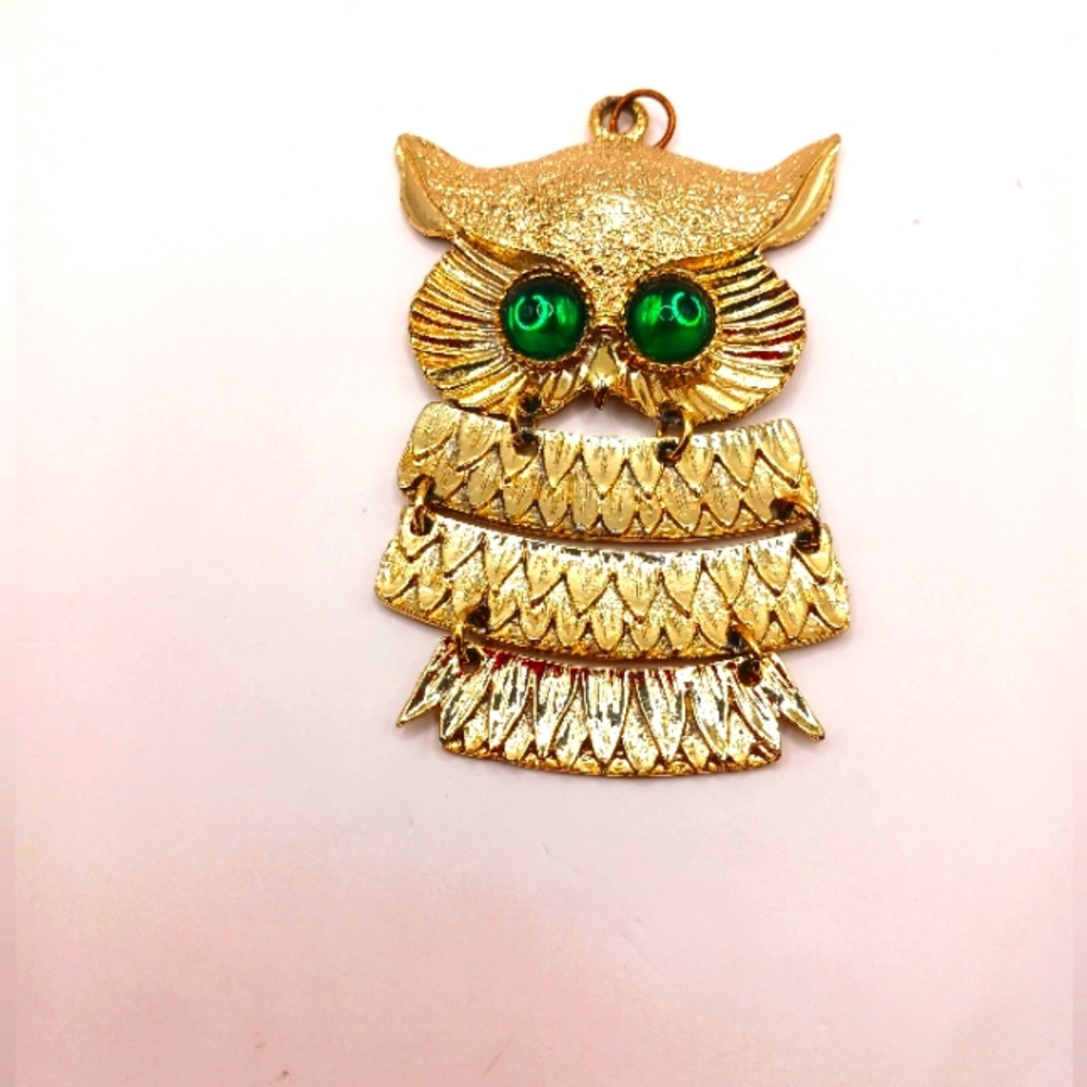 Gold Tone Owl Pendant Large with Green Stones Vintage 3 Tier